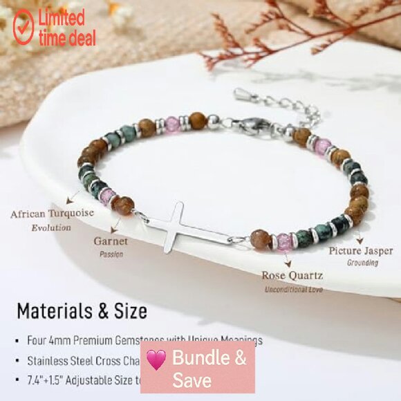 Adjustable Cross Charm Bracelet Stainless Steel Beads Faith Jewelry Gift - Picture 4 of 8